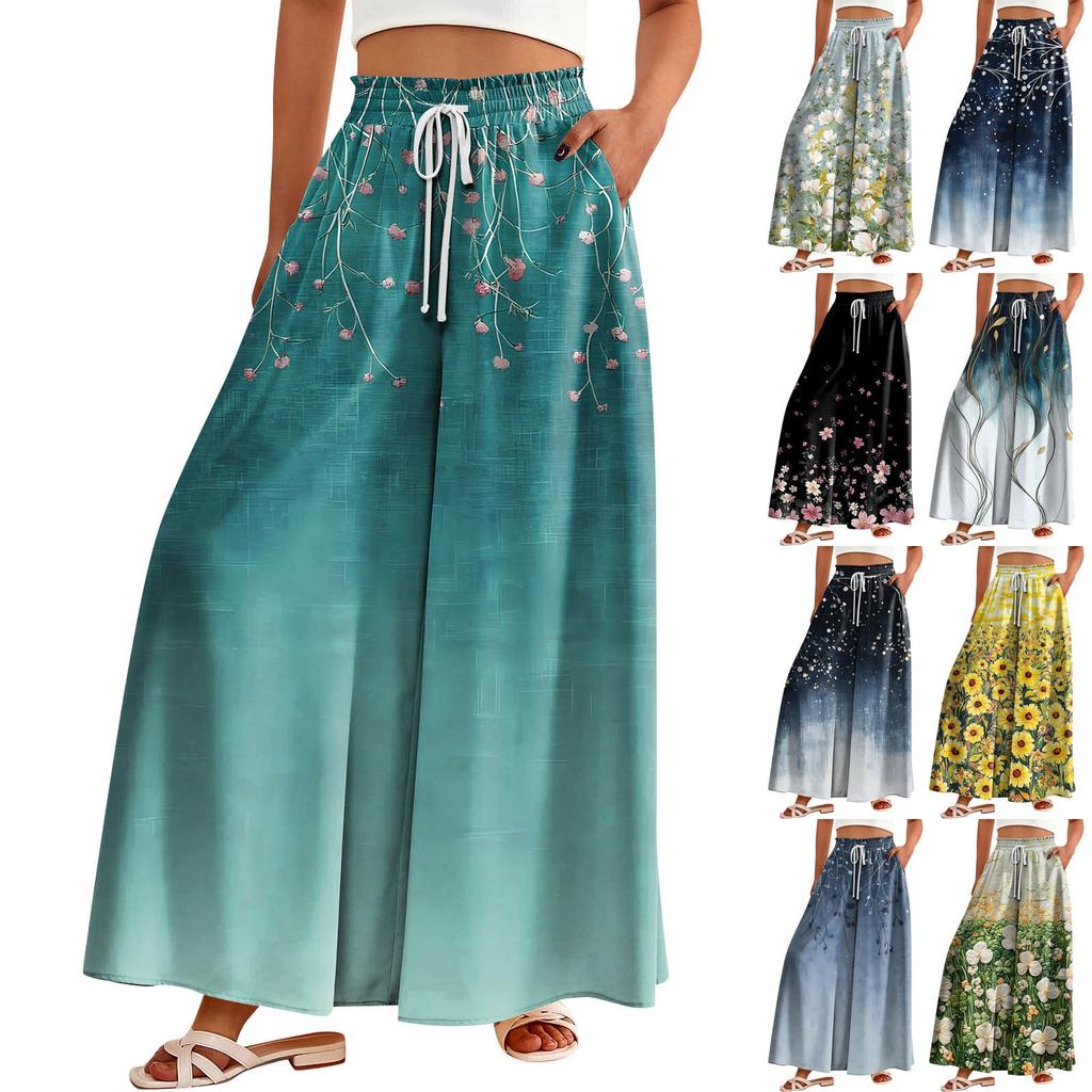 Women High Waisted Wide Leg Pants Casual Flowy Palazzo Pants Floral Print Trousers With Pocket