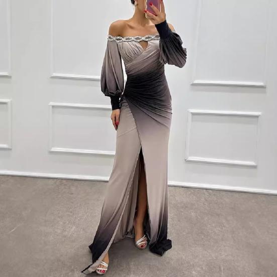 Женское вечернее платье с открытыми плечами, ажурное свадебное платье со стразами, обтягивающее плиссированное выпускное платье макси с длинными рукавами-фонариками и разрезом по низу, бальное платье