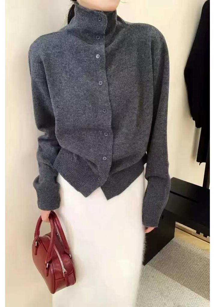 Korean Style High Neck Cashmere Cardigan - Women's Warm, Stylish Solid Color Wool Sweater for Autumn/Winter.