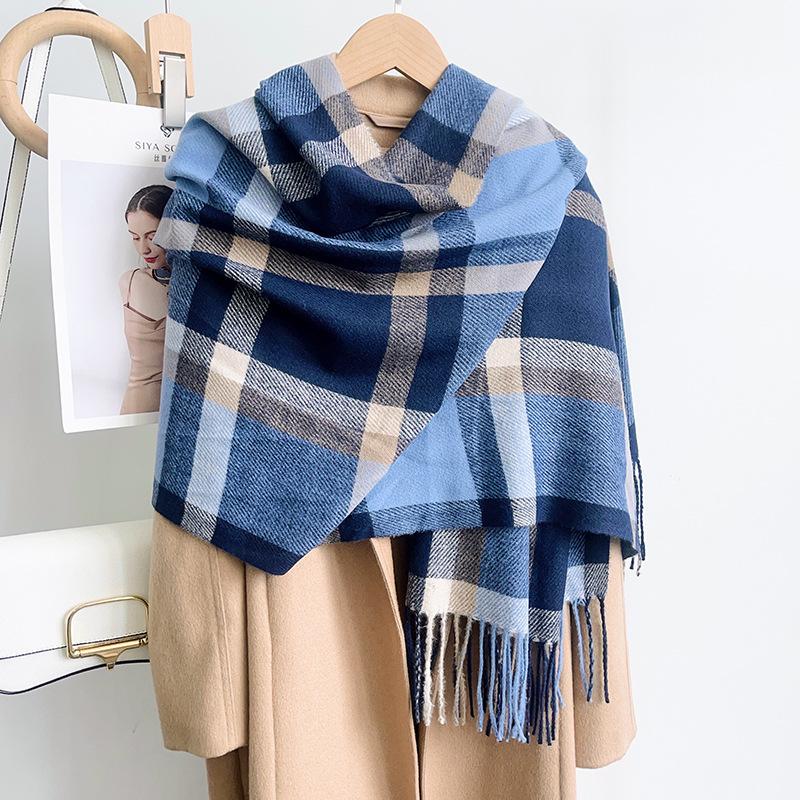 Women S Blue Plaid Faux Cashmere Scarf Warm Neck Wrap For Winter