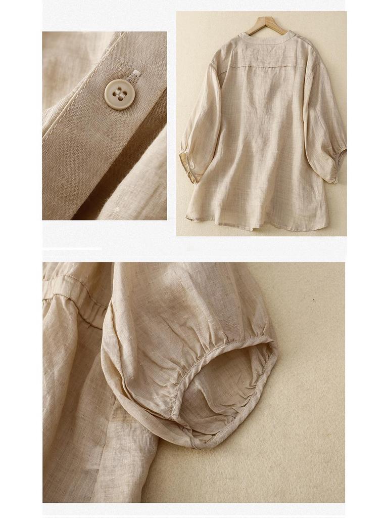 Женский топ из хлопка и льна с V-образным вырезом и приталенным силуэтом на весну/лето 2025 года - Свободный, стройнящий, универсальный, рубашка с рукавом пять четвертей