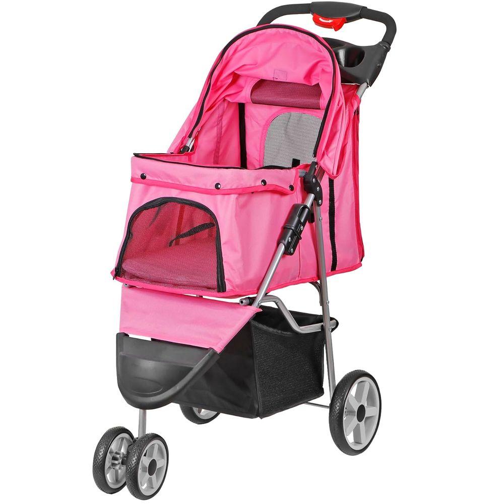 Pet Stroller, Cat/Dog Stroller with 3 Wheel, Strolling Cart, Travel Carrier with Storage Basket + Cup Holder (Pink)