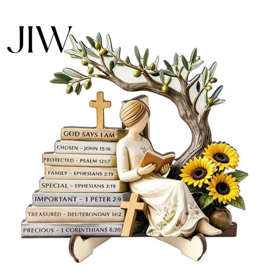Stable Base Wooden Craft Reading Girl Figurine, Pastoral Style Statue Desktop Hand Painted Home Accessory Decor, Artistic Healing Ornament,