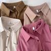 Dopamine Plum Pink Corduroy Women's Striped Shirt - Loose, Casual, Slimming, for Autumn/Winter.