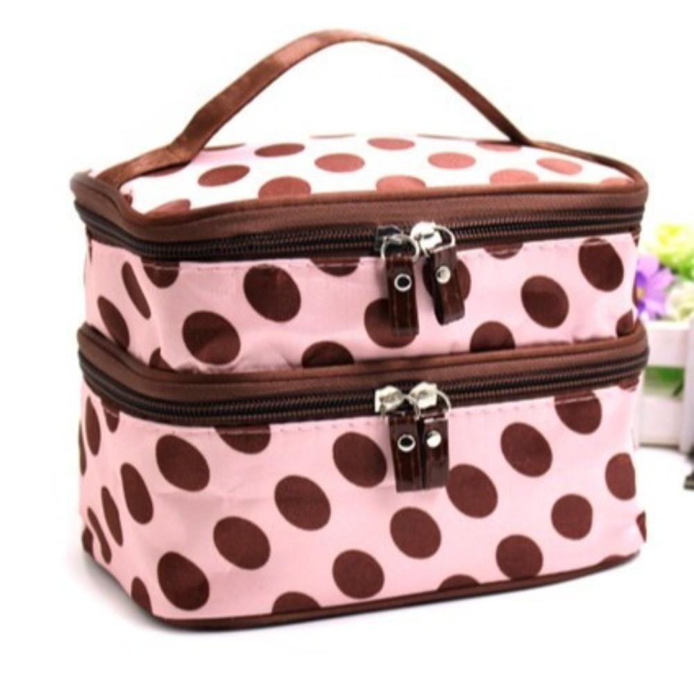 New Double-layer Makeup Bag Polka Dots Portable Travel Makeup Case Large Capacity Travel Toiletries Organizer