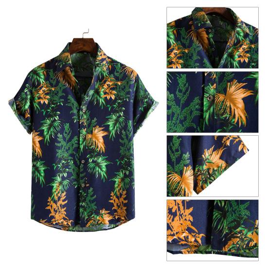Turn-down Collar Short Sleeve Men Shirt Buttons Down Summer Coconut Tree Print Hawaiian Shirt for Travel