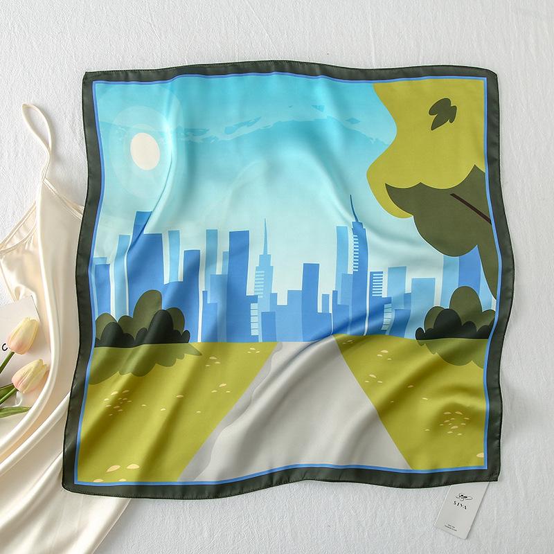 58 CM Summer New Simulation Silk Square Scarf Illustration Artistic Scarf Headband Women'S Decorative Versatile Small Headscarf