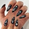 24PCS Black Gradient Medium Almond Press On False Nails with Glue Simple Moon Patterns French Fake Nails for Women Halloween Tip