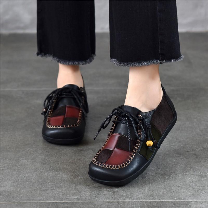 Johnature Туфли-балетки из натуральной кожи контрастного цвета с квадратным носком, прошитые, на шнуровке, на мягкой подошве, женские