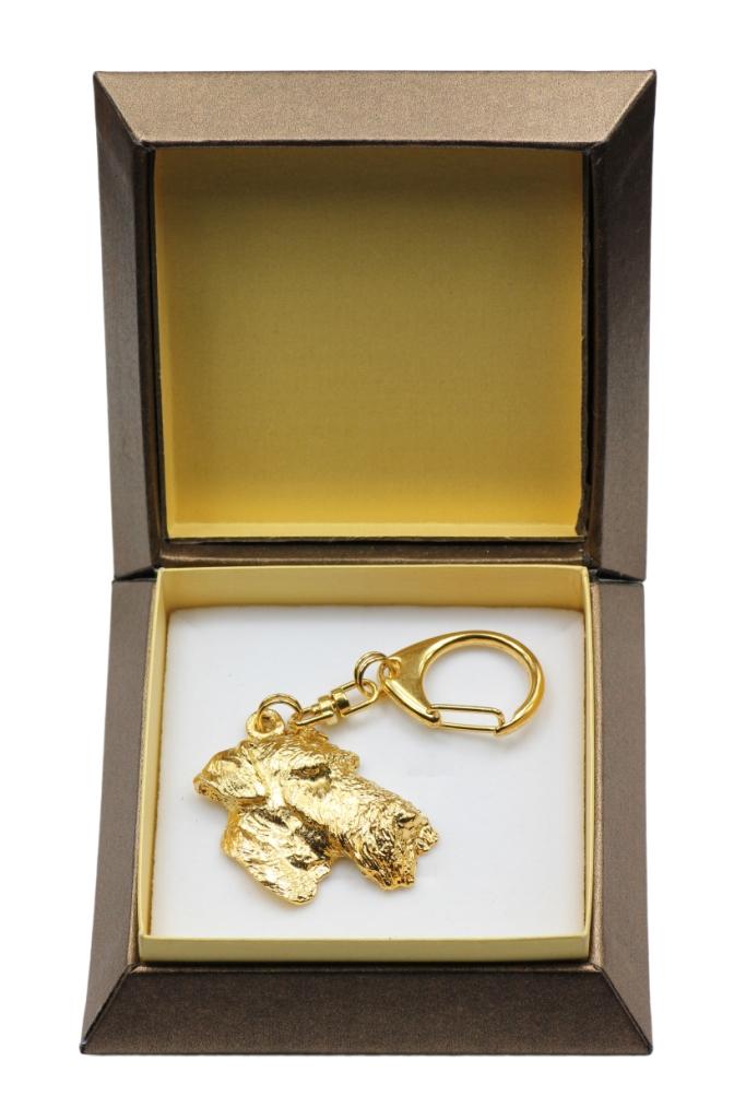 Airedale Terrier, Bingley Terrier - Gilded key ring with dog in gift box, handbag decoration, luxury accessory by Art-Dog brand