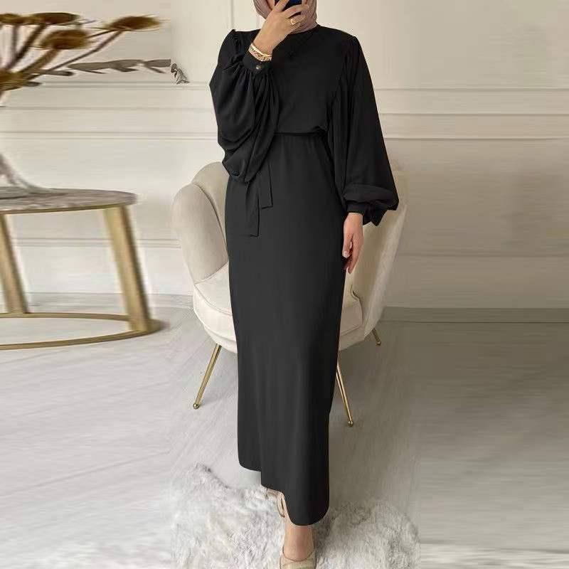 Southeast Asian Fashion Lantern Sleeves Waist Hip Crewneck Long Sleeve Women's Dress Plus Size