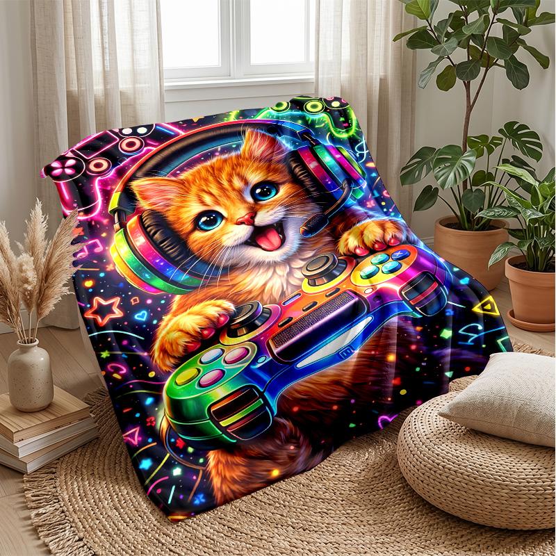 Furry Cat Night Scene Theme blanket Lightweight Warm Flannel Blanket Decorative Throw Blanket for Home Decoration