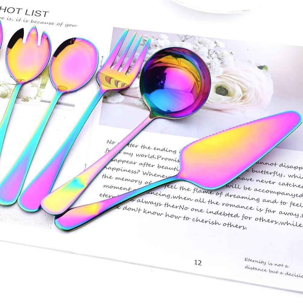 JANKNG Rainbow Tableware Stainless Steel Service Set Soup Spoon Salad Fork Cakecutter Dinnerware Set Dinner Kitchen Flatware Set