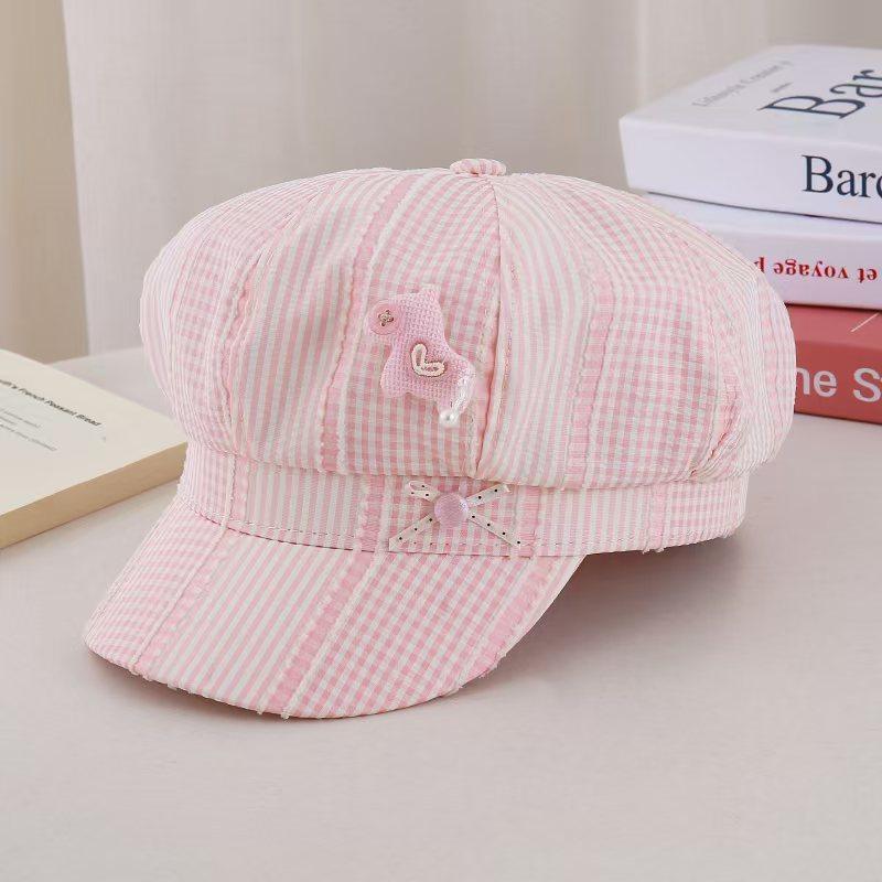 Sweet Button Love Plaid Octagonal Beret Women'S Big Head Circumference Show Face Small Fashion Versatile Newsboy Painter Hat