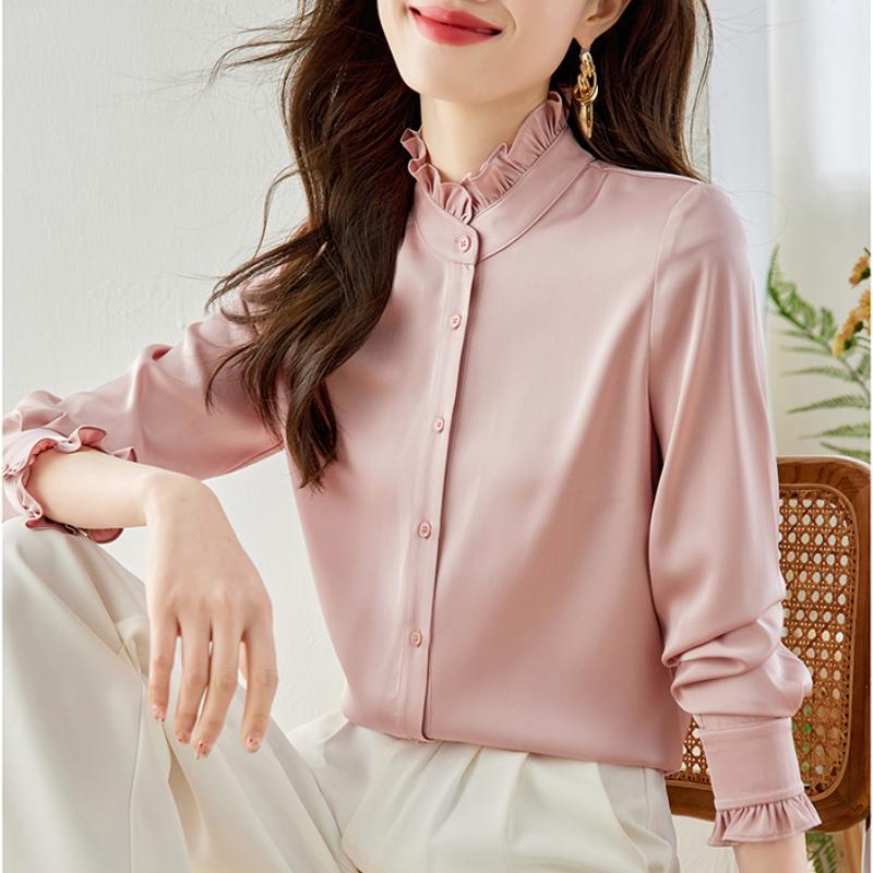 Весенние новые элегантные женские рубашки с длинным рукавом, осенние, на пуговицах, с воротником-оборкой, женские повседневные блузки, топы, модные винтажные офисные женские рубашки 26080