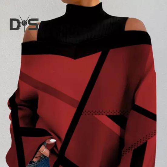 Women Fall Spring Top Hollow Out Off Shoulder Color Matching Geometric Print Long Sleeves Loose High Collar Pullover Lady Mid Length T Shirt Blouse