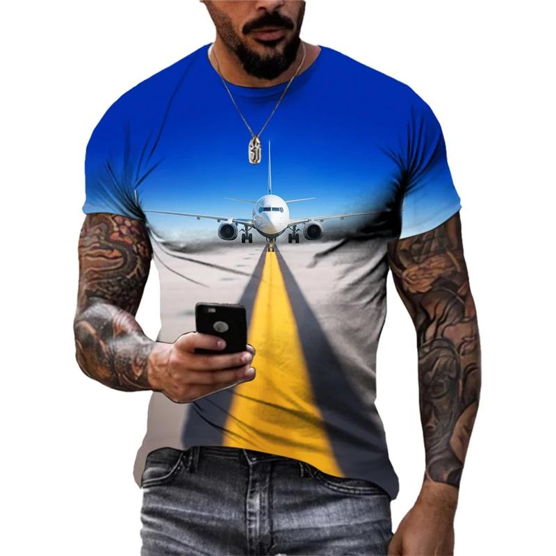 Men Summer Trend Casual Fun Round Neck Short Sleeve Fashion New 3D Printed Airplane Graphic T Shirts for Streetwear Tees Tops
