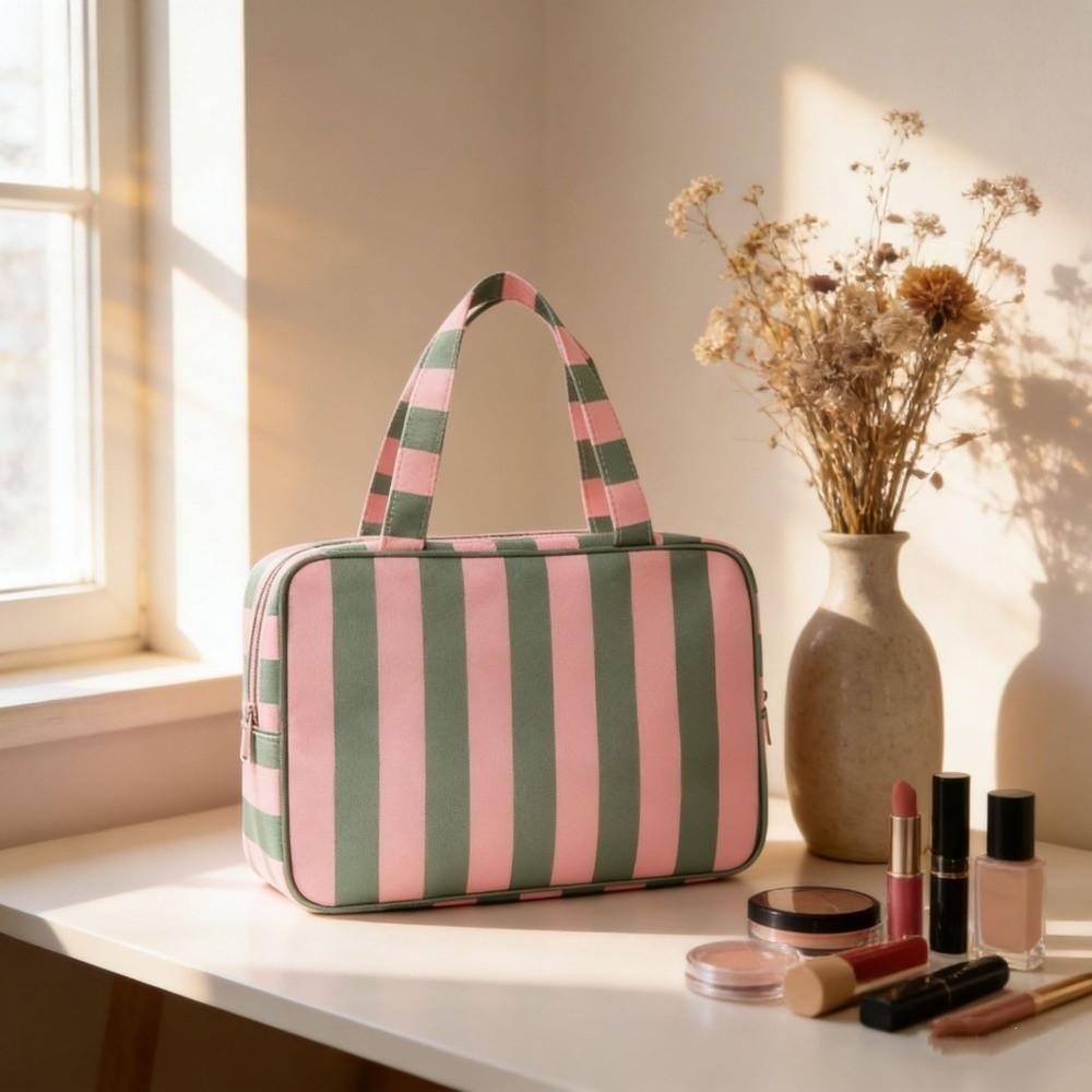 Large Capacity Striped Toiletry Storage Bag Multi Compartment Cosmetic Pouch Weekend Getaway