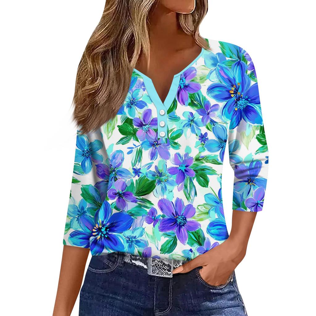 3/4 Length Sleeve Womens Tops Print Vintage Fashion Casual Loose With V Neck Plus Size Shirts Tops