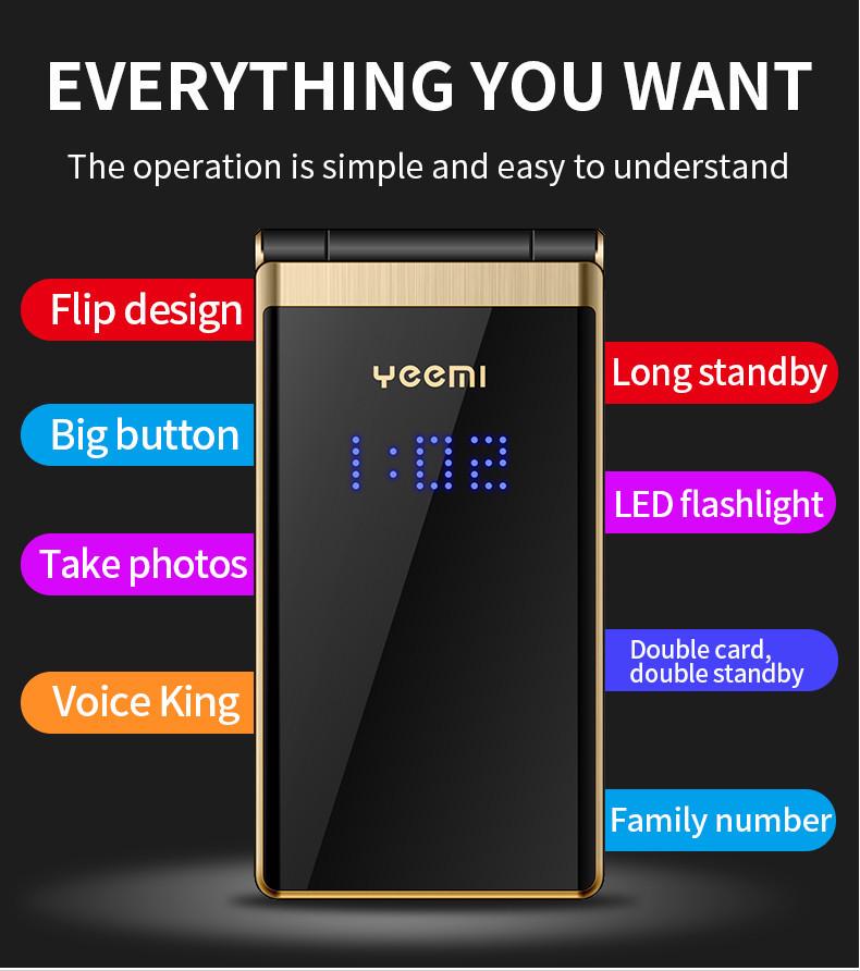 Международный кнопочный телефон-раскладушка M2-C для пожилых - Двойной экран, Крупный шрифт и кнопки, Длительное время ожидания, Многоязычный