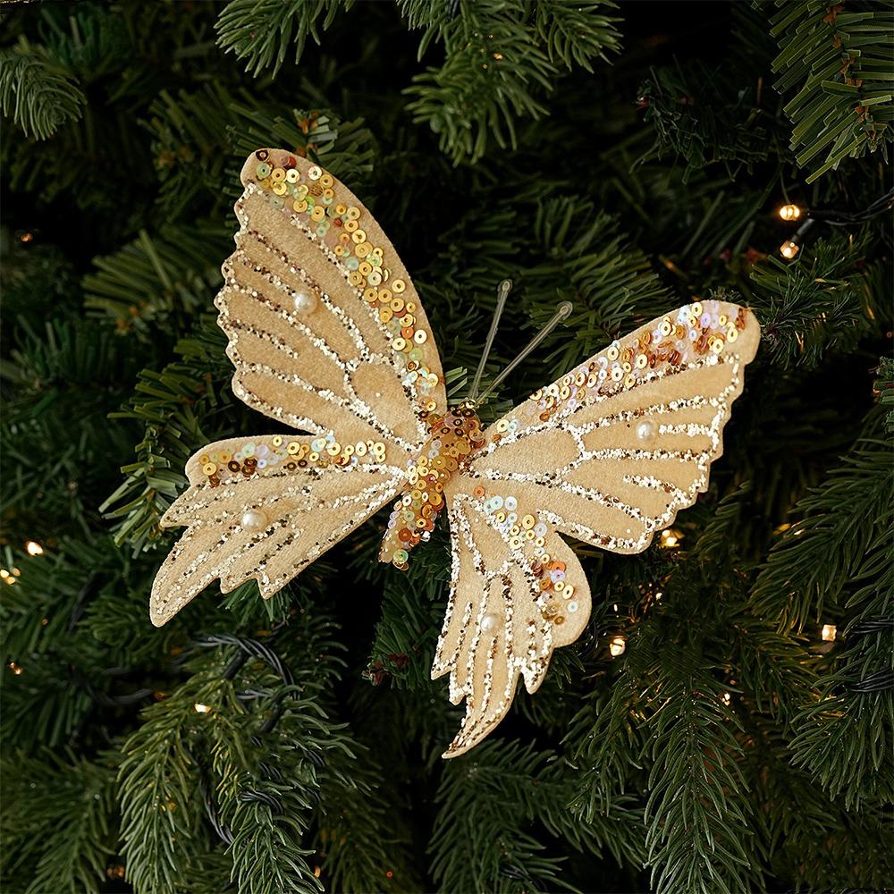 Flocking Finish Christmas Sequin Butterfly Ornament Artificial Butterfly Pendant Home Decoration