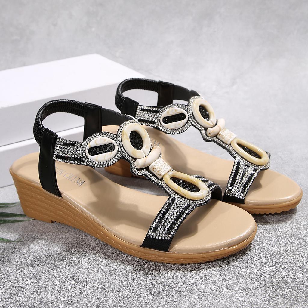 Новая мода Hundred Hundred Hounds Height Increase Women's Retro Ethnical Style Sequins Sandals - Пляжная обувь на каблуке Slope Heel