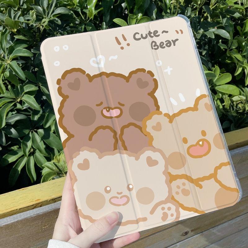 Для iPad Air 4th 10,9 дюймов 2020 Pro 11 2020 2018 Pro 12,9 Милый рисунок медведя с подставкой для карандашей Тройная подставка Смарт-чехол Мягкая задняя противоударная крышка из ТПУ