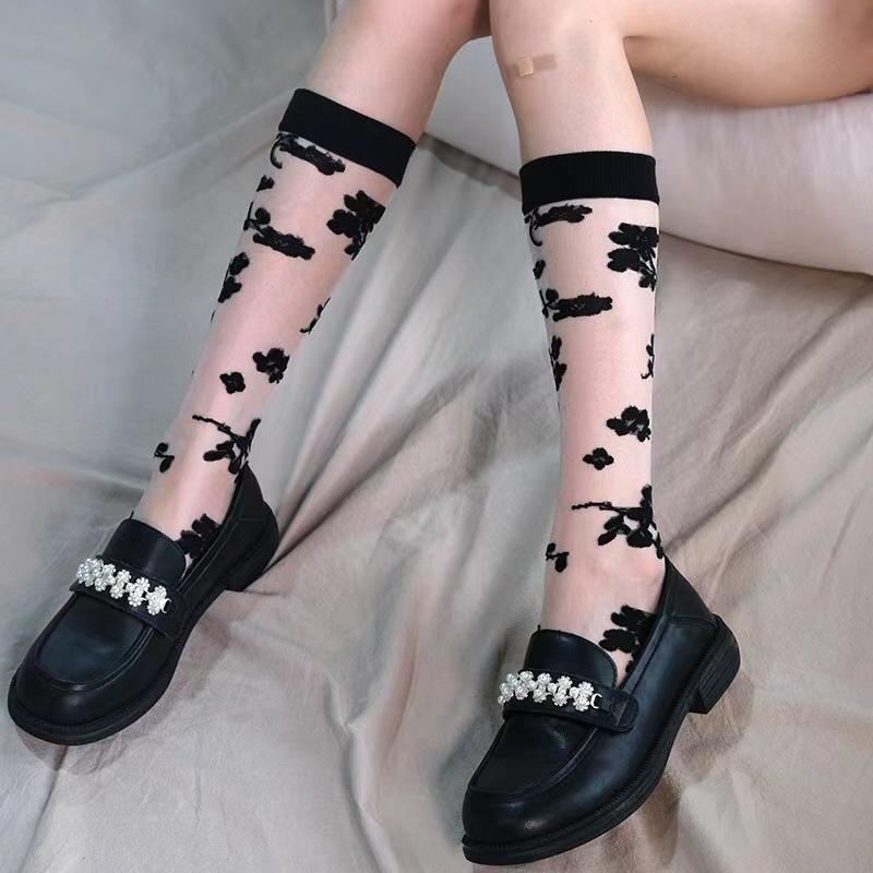 Summer Ultra-thin Transparent Nylon Long Socks Stockings Japanese Fashion Flower Knee Socks Vintage Crystal Silk Socks Stockings