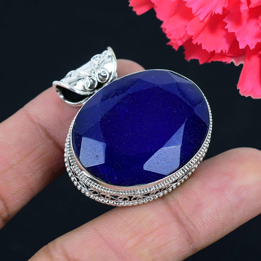 Подвеска из драгоценного камня с сапфиром, твердая подвеска из стерлингового серебра 925 пробы, ювелирный подарок для унисекс