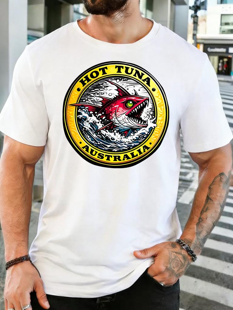 Unisex Retro Hot Tuna Australia Fish Badge Graphic Cotton Short Sleeve Tee Crew Neck Soft Male Summer Casual Breathable Street Top