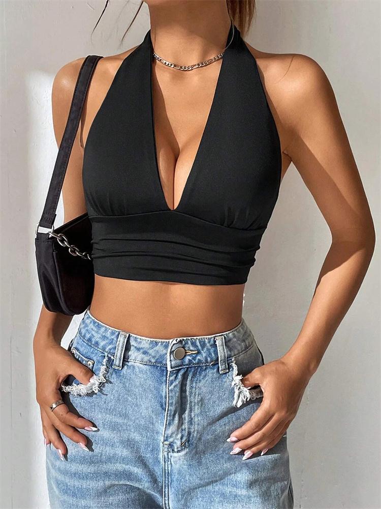 Sexy Black Backless Deep V-neck Halter Top Women Summer Sleeveless Slim Club Party Crop Tops Fashion Y2K Solid Streetwear Clothes