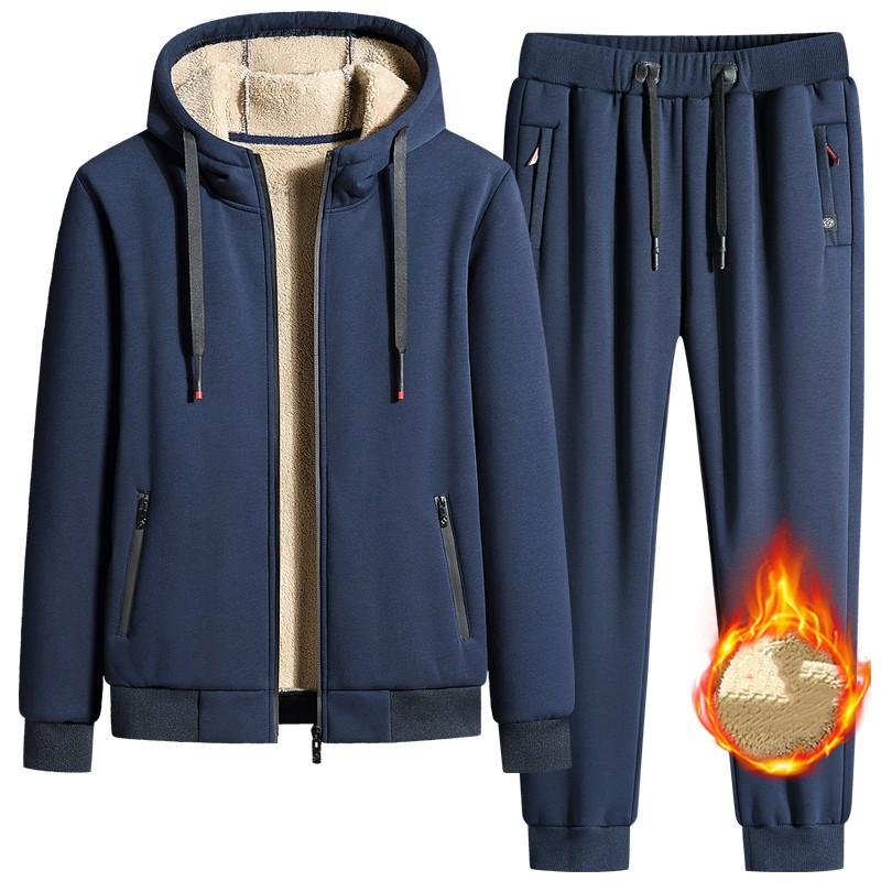 Зимний спортивный костюм мужской толстый теплый флисовый комплект из овечьей шерсти с капюшоном, куртка+брюки, спортивная одежда
