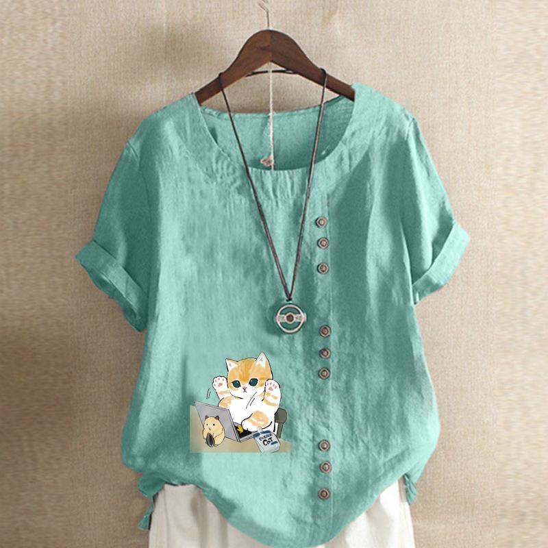 Женская модная футболка с круглым вырезом и коротким рукавом, повседневная хлопковая льняная рубашка с рисунком, свободная летняя блузка с милым мультяшным котом для отдыха, топы