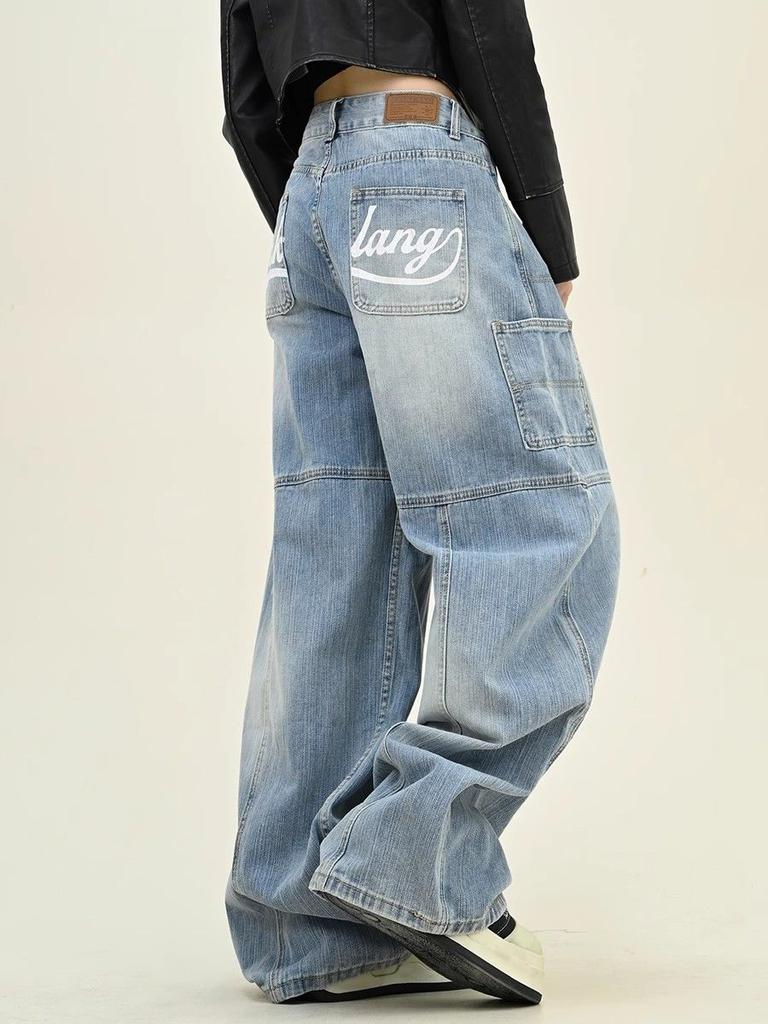 KOSY Y2K Ретро Вареные Джинсы Мешковатые с Принтом Букв Женские Американская Уличная Одежда Готика Харадзюку Брюки с Широкими Штанинами Парные Повседневные Джинсовые Брюки