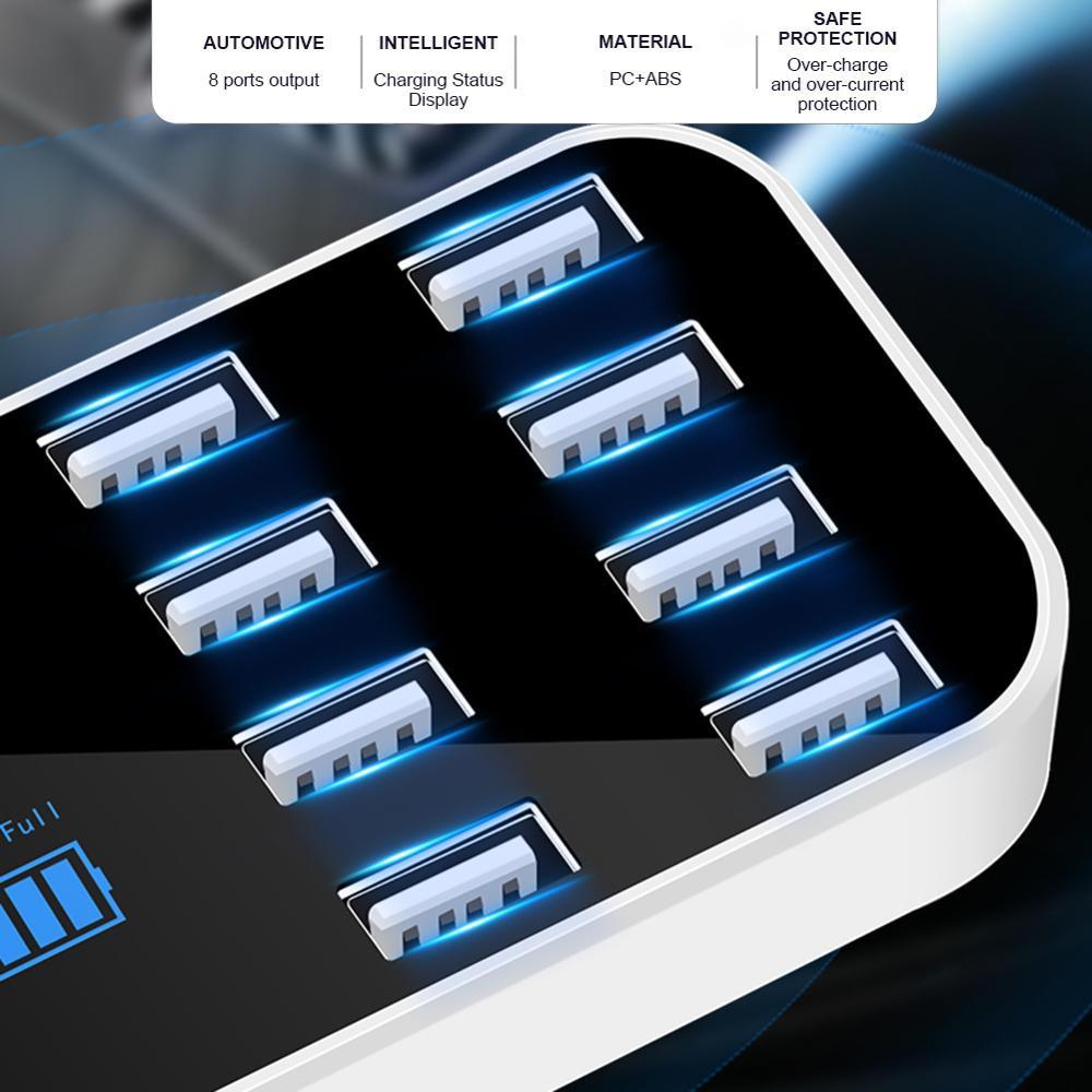 Автомобильное зарядное устройство с 8 портами USB, QC3.0, быстрая зарядка, зарядное устройство для телефона, 40 Вт, 2,4 А, мульти-USB-разъем со светодиодным дисплеем для IPhone, Android, Samsung