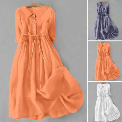 Женское летнее платье с отложным воротником, богемное платье с половиной рукавов, трапециевидной формы, плиссированное, с высоким поясом на талии, большой подол, половина