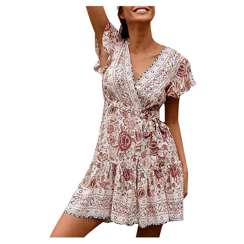 V-neck Sexy Tight-fitting Ruffle Dress Bohemian Style Small Fresh Print Dress