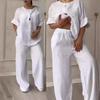 Cotton Linen Sets Two 2 Pieces Sale Casual Long Sleeve Button Loose Blouse Shirt&High Elastic Wide Leg Loose Pant Suits