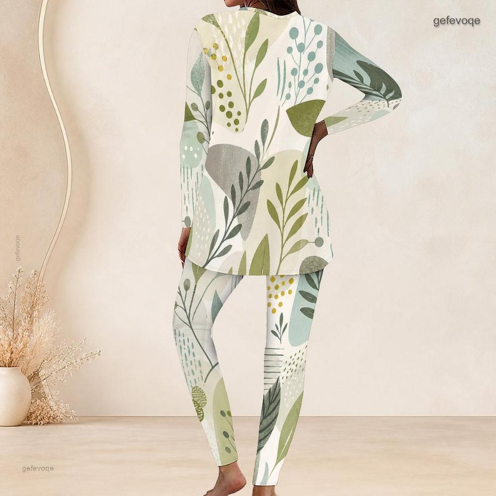 Women Plus Size Two Piece Set Round Neck Long Sleeve Leaf Printed Longline Top Fitted Pants