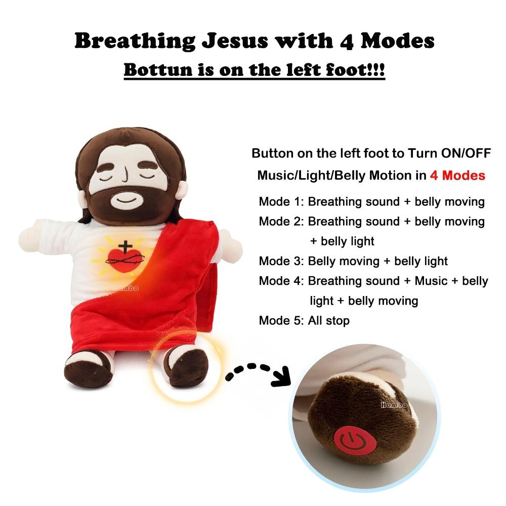 Breathing Jesus Plush Toy with 4 Modes Soft Sacred Heart Comfort Stuffed Animal Calming Gift for Kids Easter Christmas