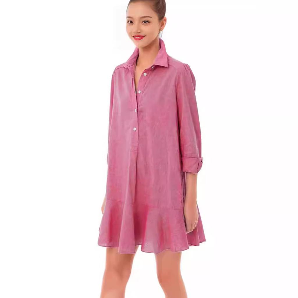 Весна и лето однотонное платье с длинными рукавами и лацканами, подол с рисунком листьев лотоса для женщин