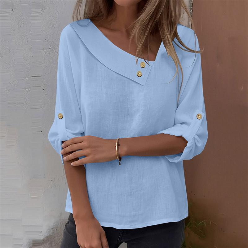16 European and American new women's tops casual loose solid color buttons irregular collar cotton and linen shirt women