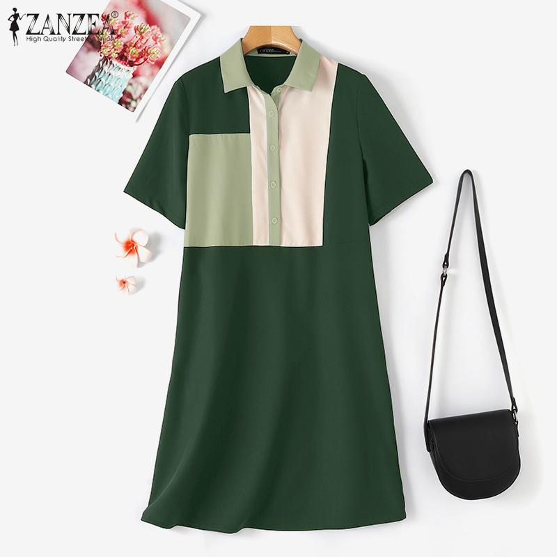 ZANZEA Женское повседневное лоскутное платье с отложным воротником и коротким рукавом