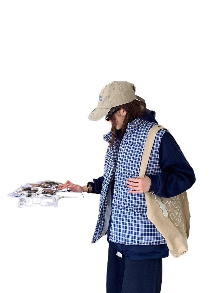 Casual plaid down cotton vest, women's stand-up collar blue plaid thickened sleeveless cotton jacket.