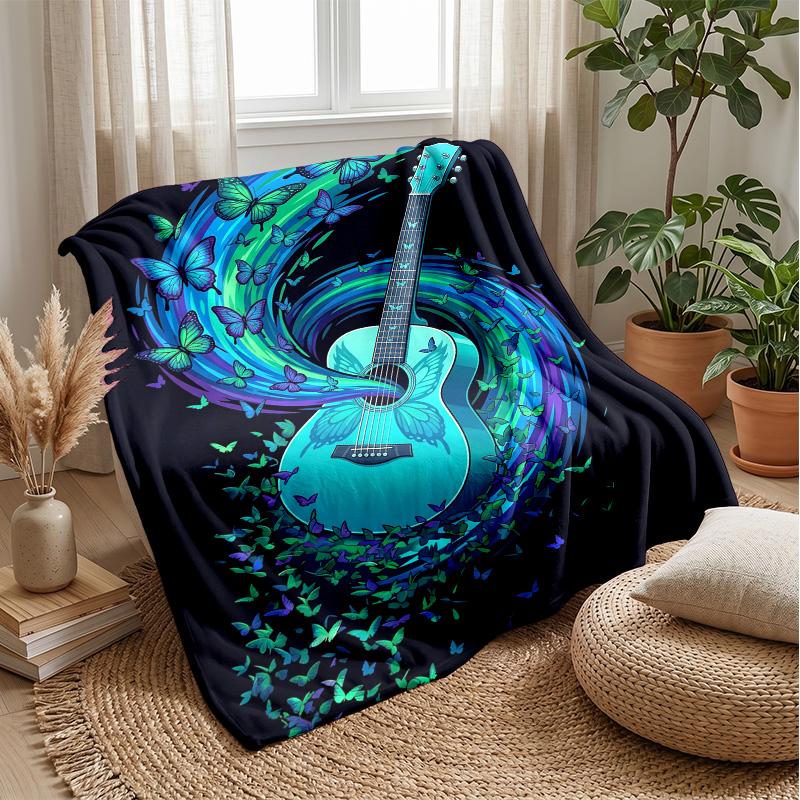 Guitar Butterflies Music Art Theme blanket Lightweight Warm Flannel Blanket Decorative Throw Blanket for Home Decoration