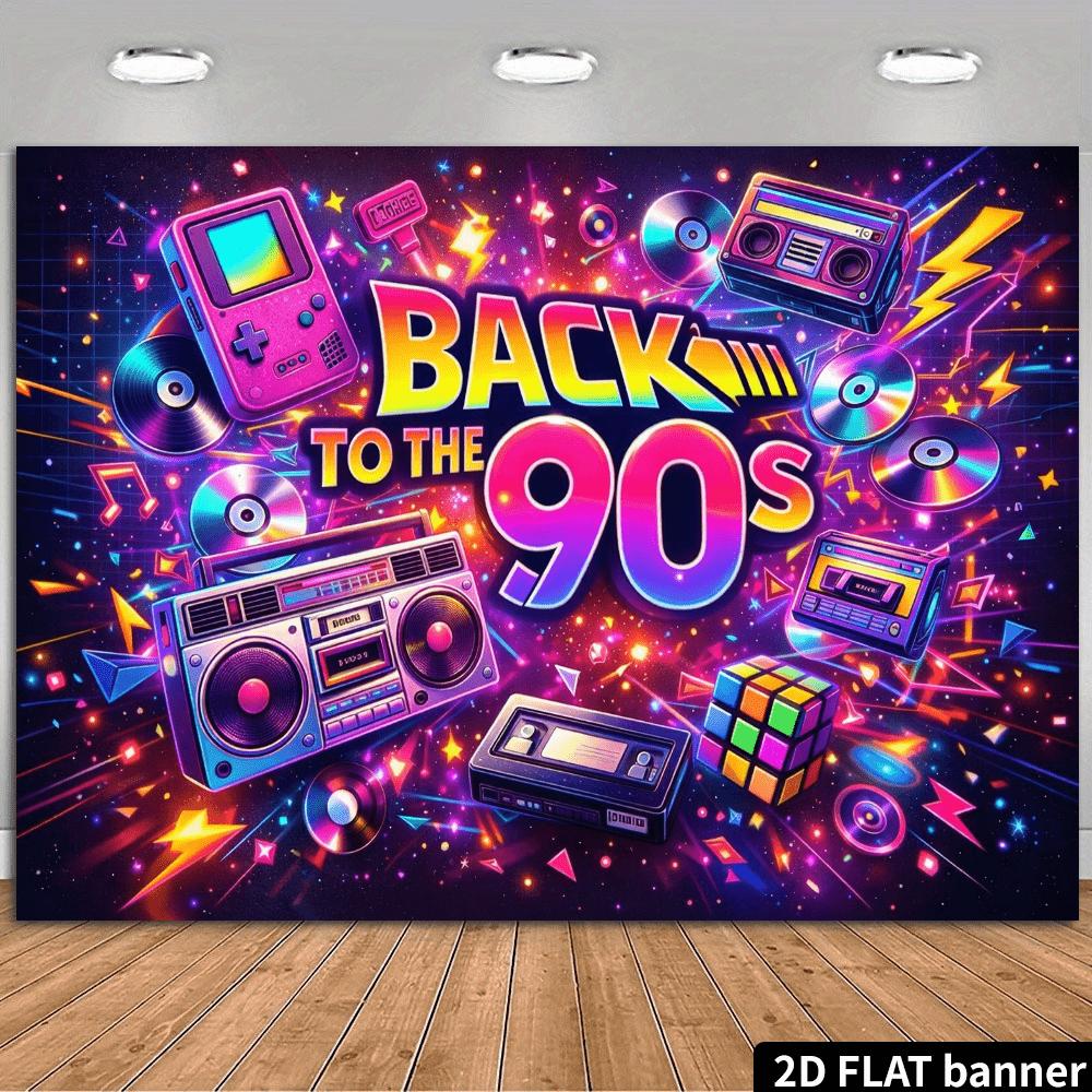 2D Flat Banner - Retro 90s Music Party Background Fabric Design in Graffiti Style