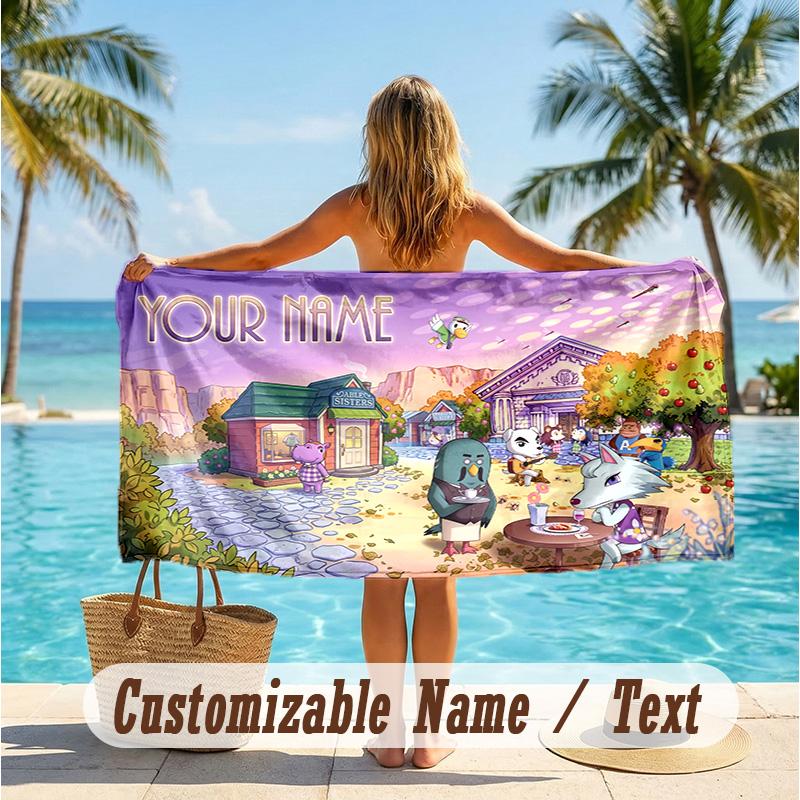 Custom Text Beach Towel, Soft Absorbent Swimming Multi-use TowelAnimal Crossing