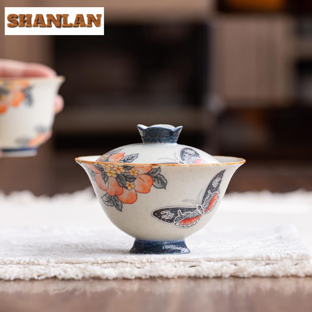 130ml Hand Painted Peach Tracing Silver Butterfly Gaiwan Zen Tea Tureen Tea Bowl With Lid Kit Tea Maker Cover Bowl Tea Ceremony