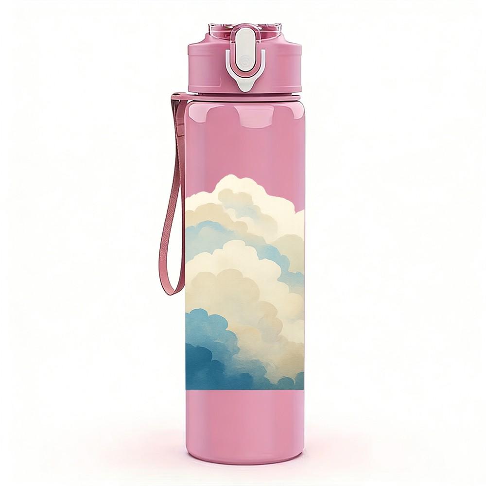 1PC Soft White Cloud Landscape Art 750ml Color Plastic Sports Water Bottle Leakproof Flip Straw Lid For Sports Office Home Use