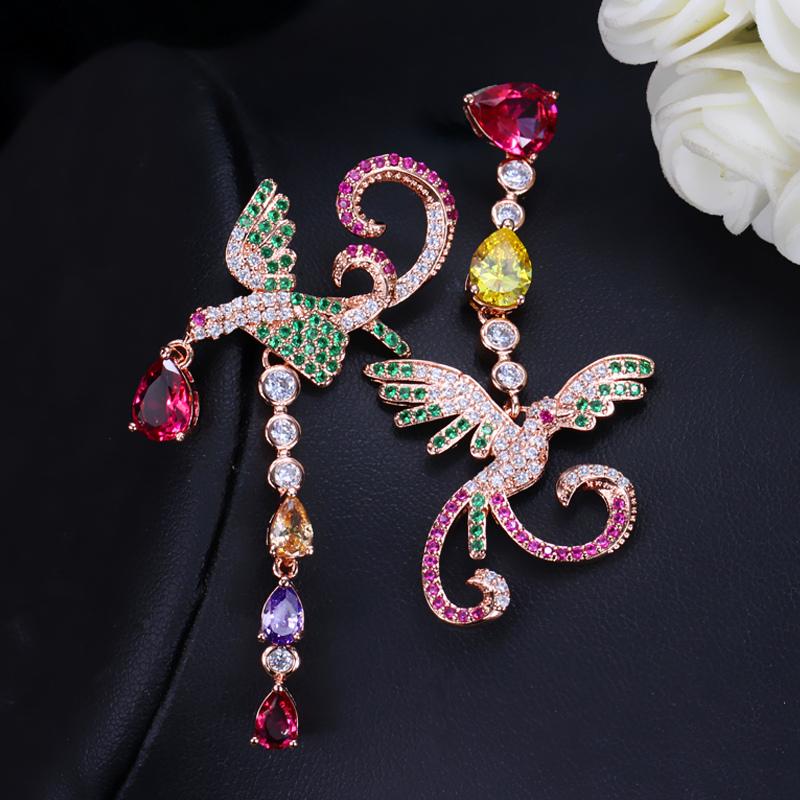 WWJ Уникальные разноцветные красные и зеленые длинные серьги-подвески с фианитами для женщин с изображением Феникса